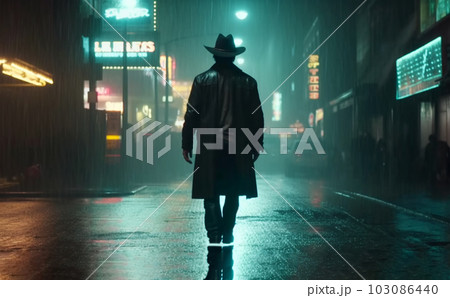 A cowboy walks down a night street in an Asian city, Generated AI 103086440
