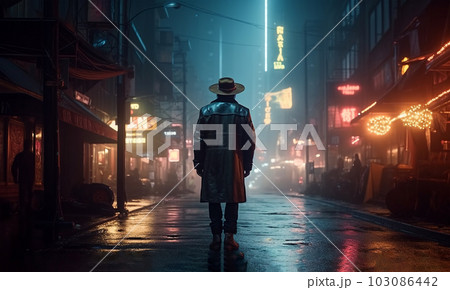 A cowboy walks down a night street in an Asian city, Generated AI 103086442