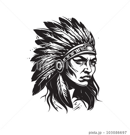 indian warrior girl, logo concept black and white color, hand drawn illustration indian warrior girl, logo concept black and white color, hand drawn illustration 103086697