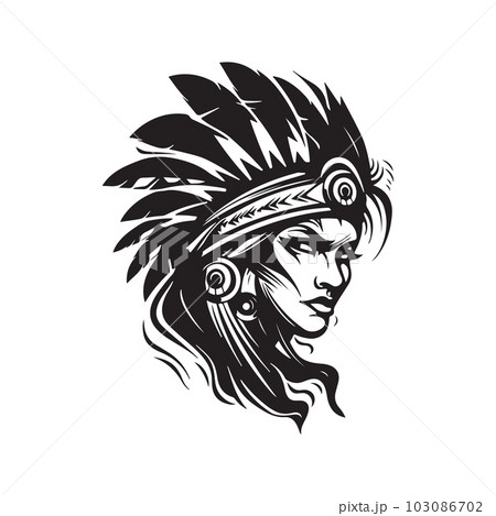 indian warrior girl, logo concept black and white color, hand drawn illustration 103086702