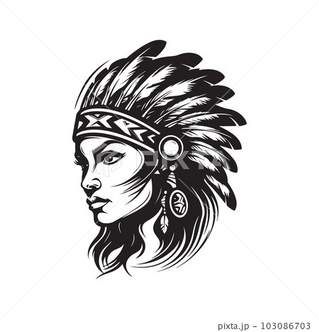 indian warrior girl, logo concept black and white color, hand drawn illustration 103086703