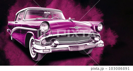 Painting of a pink retro car on a black background, copy space, Generated AI Painting of a pink retro car on a black background, copy space, Generated AI 103086891
