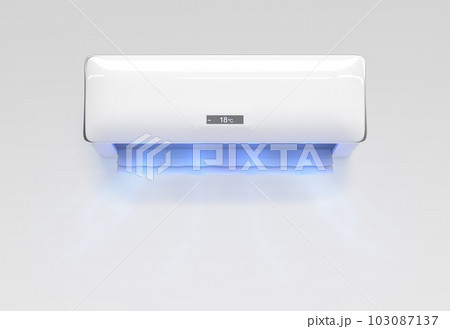 Air conditioner with flow of cold wind wave 3d render. Split system, cooler with blowing fresh clean blue air for home and office. Realistic mockup of electronic appliance front view. 3D illustration Air conditioner with flow of cold wind wave 3d render. Split system, cooler with blowing fresh clean blue air for home and office. Realistic mockup of electronic appliance front view. 3D illustration 103087137