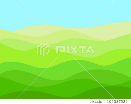Green wavy landscape with blue sky in minimalist style. Summer landscape with fields and meadows. Typographic boho decor for wrappers, posters and interior design. Vector illustration 103087523
