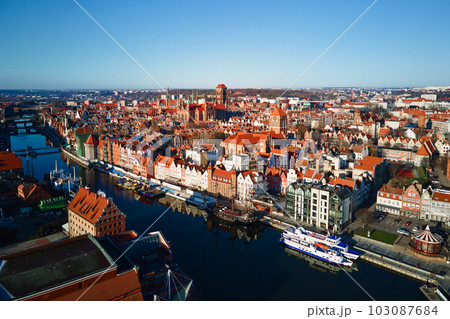 Aerial view of Gdansk city in Poland. Historical center in old town in european city. Panoramic view of modern european city Aerial view of Gdansk city in Poland. Historical center in old town in european city. Panoramic view of modern european city 103087684