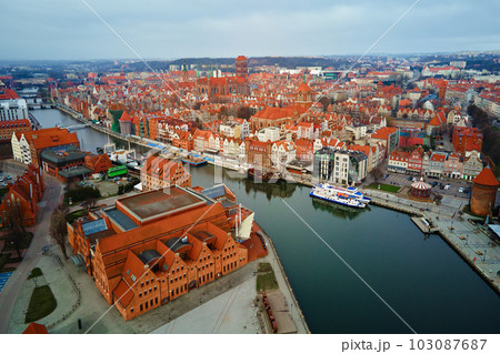 Aerial view of Gdansk city in Poland. Historical center in old town in european city. Panoramic view of modern european city 103087687
