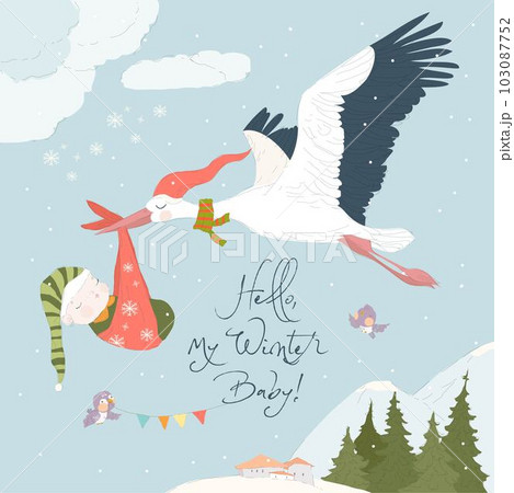 Cartoon Stork flying in the Sky with Baby. Baby Shower Card 103087752