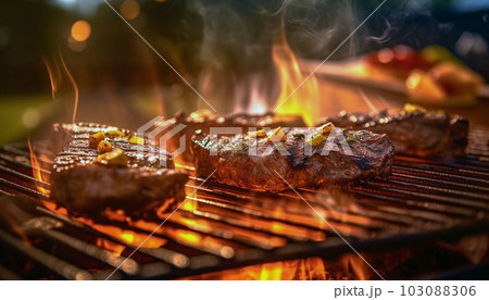 steak cooking on fire with vegetables, bbq grill with flames, cooking juicy delicious beef meat, steak cooking on fire with vegetables, bbq grill with flames, cooking juicy delicious beef meat, 103088306