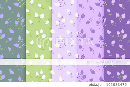 Muscari grape hyacinth bloom seamless pattern flat set. Purple green flower spring delicate modern print wild plant meadow herb floral branch fabric textile wallpaper cover wrap print cute background 103088476