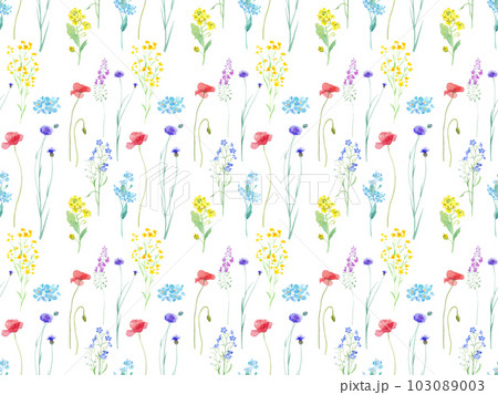 色々な花が咲き乱れる、春の花畑の水彩イラスト。シームレスパターン。 103089003