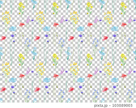 春天花園的水彩插圖，各種花朵盛開。無縫模式。 103089003