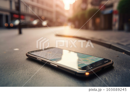 A forgotten cell phone lies abandoned on the roadside, symbolizing the wastefulness of modern technology. Is AI Generative. 103089245