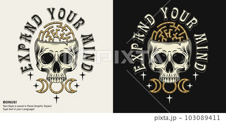 Vintage label with human skull like cup, labyrinth, stars, tripple goddes sign, editable text style. Concept of sacred spirit, magic, expanded mind, psychic abilities. Mystical surreal illustration 103089411