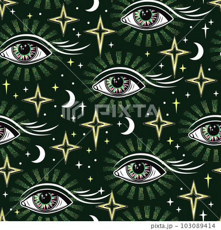 Pattern with all seeing eye, stars, crescent. Concept of harmony of universe, wisdom, knowledge, extended mind. Colorful psychedelic surreal illustration. Good for groovy, hippie, mystical style. Pattern with all seeing eye, stars, crescent. Concept of harmony of universe, wisdom, knowledge, extended mind. Colorful psychedelic surreal illustration. Good for groovy, hippie, mystical style. 103089414