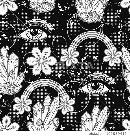 Surreal pattern with all seeing eye, gemstones, crystals, flowers, paint splatter and halftone shapes. Concept of expansion of mind. For fantasy, groovy, hippie, mystical, esoteric, surreal design Surreal pattern with all seeing eye, gemstones, crystals, flowers, paint splatter and halftone shapes. Concept of expansion of mind. For fantasy, groovy, hippie, mystical, esoteric, surreal design 103089415