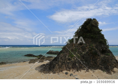 奄美大島用海岸の砂浜にある奇岩越しの美しい海の景色 奄美大島用海岸の砂浜にある奇岩越しの美しい海の景色 103089916