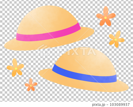 粉色和藍色緞帶草帽和花套裝 103089937