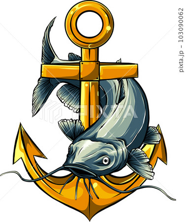 Cartoon funny catfish with anchor on white background 103090062