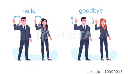 Sign language of deaf people, man and woman showing greeting and farewell phrases. Hand gestures hello and goodbye, business people greet. Cartoon flat style isolated vector concept Sign language of deaf people, man and woman showing greeting and farewell phrases. Hand gestures hello and goodbye, business people greet. Cartoon flat style isolated vector concept 103090124