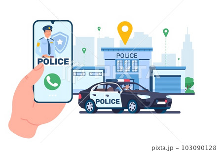 Phone app to quickly call police. Smartphone application, patrol automobile with flashing lights and station building, policemen in auto, hand hold mobile cartoon flat isolated vector concept Phone app to quickly call police. Smartphone application, patrol automobile with flashing lights and station building, policemen in auto, hand hold mobile cartoon flat isolated vector concept 103090128