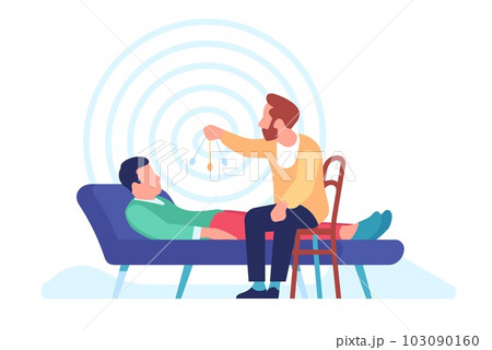 Man conducts hypnotherapy session for his visitor. Patient lying on sofa in trance, hypnosis therapy, psychedelic whirlpool and chatelaine watch cartoon flat style isolated vector concept 103090160