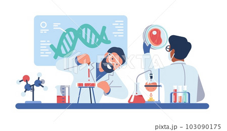 Laboratory technicians artificially grow raw meat from animal cells in petri dishes and flasks. Science or medical workers in lab. Medical tests. Cartoon flat isolated vector concept 103090175