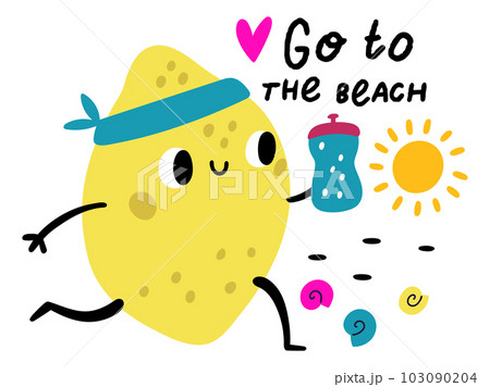 Cute happy fruits character. Summer vacation. Cartoon lemon running at beach. Summertime holiday. Citrus mascot with funny smiling face. Sea shore resort. Vector square kids banner design Cute happy fruits character. Summer vacation. Cartoon lemon running at beach. Summertime holiday. Citrus mascot with funny smiling face. Sea shore resort. Vector square kids banner design 103090204