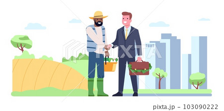 Businessman and farmer shake hands in agreement. Agree to supply organic products. Man buying eco vegetables and meat produce. Countryside and city landscape cartoon flat isolated vector concept Businessman and farmer shake hands in agreement. Agree to supply organic products. Man buying eco vegetables and meat produce. Countryside and city landscape cartoon flat isolated vector concept 103090222
