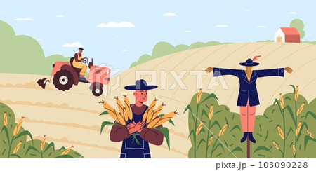 Agricultural workers. Cartoon farmers harvest corn. Man plowing soil by tractor. Countryside people. Maize cultivation. Field scarecrow. Ripe plant crop. Farming landscape. Vector concept Agricultural workers. Cartoon farmers harvest corn. Man plowing soil by tractor. Countryside people. Maize cultivation. Field scarecrow. Ripe plant crop. Farming landscape. Vector concept 103090228