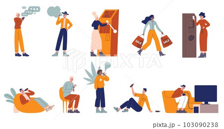 Addicted people. Cartoon men and women with bad habits. Harmful pastime. Alcoholism and drug addiction. Smoking or gambling. Shopaholic and coffee drinking. Vector addictive persons set Addicted people. Cartoon men and women with bad habits. Harmful pastime. Alcoholism and drug addiction. Smoking or gambling. Shopaholic and coffee drinking. Vector addictive persons set 103090238