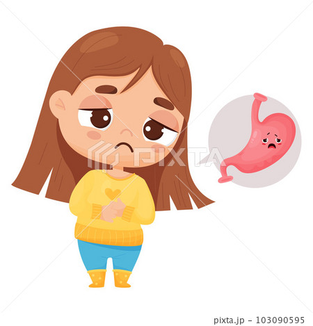 Suffering girl on abdominal pain. Child is holding belly. Pain in stomach. Vector illustration. Sad female character and sick organ in cartoon style for kids collection, medical anatomic theme design. 103090595