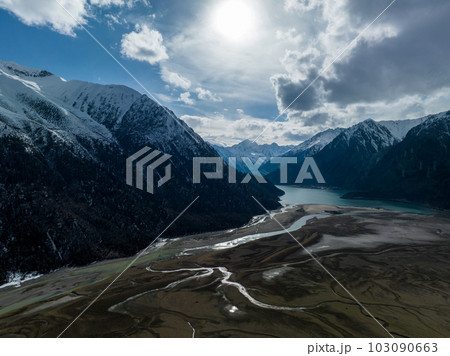 Aerial view of beautiful snow mountains and lake in Tibet,China 103090663