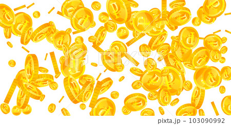 Russian ruble coins falling. Scattered gold RUB coins. Russia money. Jackpot wealth or success concept. Wide vector illustration. Russian ruble coins falling. Scattered gold RUB coins. Russia money. Jackpot wealth or success concept. Wide vector illustration. 103090992
