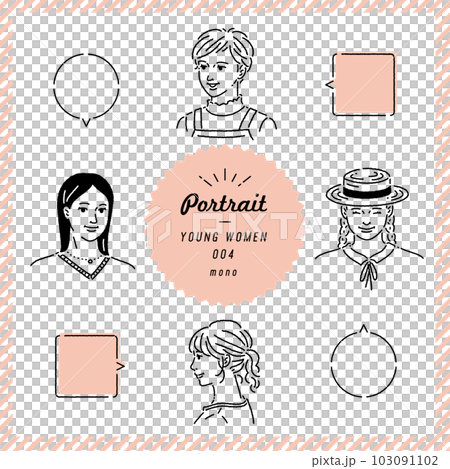 Young woman's line drawing facial expression set (monochrome) 103091102