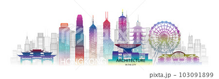 Modern architecture skyscrapers in Hong Kong with colorful halftone. Modern architecture skyscrapers in Hong Kong with colorful halftone. 103091899
