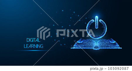 Digital learning, E-learning platforms futuristic concept with open book and power button on blue Digital learning, E-learning platforms futuristic concept with open book and power button on blue 103092087