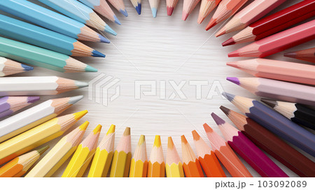 Many colored pencils in circle. School stationery drawing equipment tools. Kids creative art various multicolor wooden pencils top view close up photo Many colored pencils in circle. School stationery drawing equipment tools. Kids creative art various multicolor wooden pencils top view close up photo 103092089