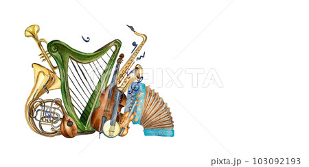 Harp, violin, contrabass and banjo, accordion watercolor illustration isolated. 103092193