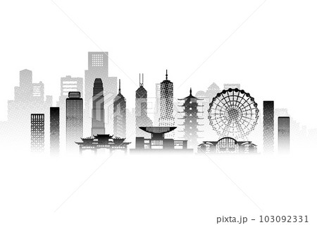 Travel architecture silhouette in Hong Kong with Black halftone style. 103092331
