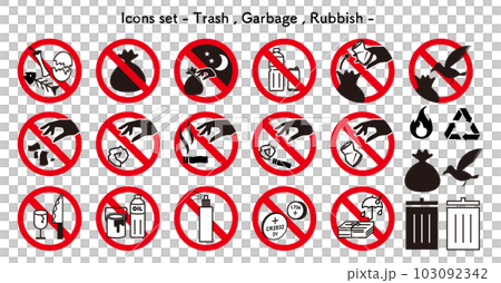 Icon set of "prohibited", "caution" and "warning" related to garbage Icon set of "prohibited", "caution" and "warning" related to garbage 103092342