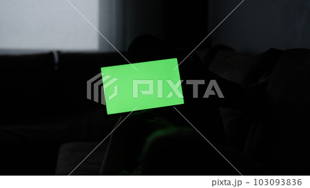 Man at home lying on a couch with tablet pc with green screen Man at home lying on a couch with tablet pc with green screen 103093836