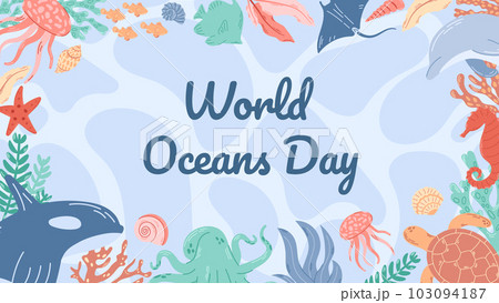 Horizontal banner for world ocean day with underwater ocean, dolphin, killer whale, coral, sea plants, octopus, jellyfish and turtle. 103094187