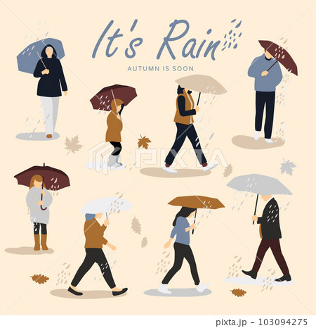 Vector illustration of people in the rain. Autumn mood. Trendy retro style on beige fall illustration with character. Vector illustration of people in the rain. Autumn mood. Trendy retro style on beige fall illustration with character. 103094275