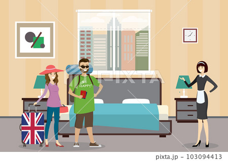 Tourists with luggage and maid in the hotel room Tourists with luggage and maid in the hotel room 103094413