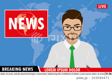 news anchor on tv breaking news background, 103094471
