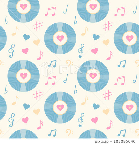 Vintage vinyl record, music notes and hearts seamless pattern. Pastel wrapping paper or fabric template. Vintage vinyl record, music notes and hearts seamless pattern. Pastel wrapping paper or fabric template. 103095040