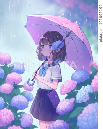 ◇紫陽花と少女◇手描きイラスト 紫陽花と少女｜作品詳細｜ILLUST DAYS シンプルイラスト