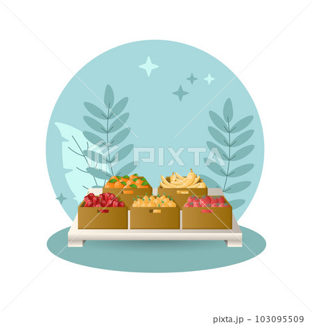 Fruits and vegetables illustration. Box, orange, banana, tomato, onion, pepper. Editable vector graphic design. 103095509