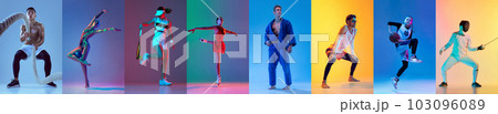 Collage of different professional male and female sportsmen in action training fencing, skating, swimming, tennis at studio over multicolored background in neon light Collage of different professional male and female sportsmen in action training fencing, skating, swimming, tennis at studio over multicolored background in neon light 103096089