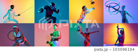 Collage with group of young people men and women doing different kinds of sport fencing, tennis, skating, volleyball, gymnastics, over multicolor background in neon light 103096104